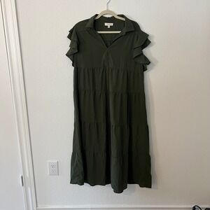 Umgee‎ XL Olive Green Maxi Dress Ruffle Short Sleeve Tiered Casual Boho Flowy